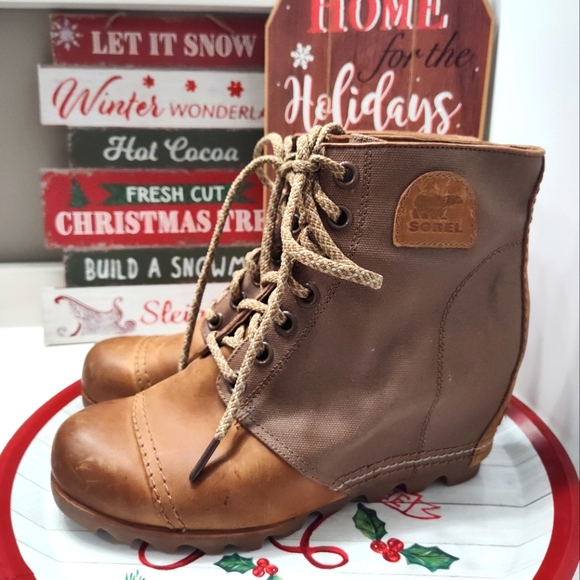 💕EUC Sorel Brand Premium Moto PDX Leather Lace Up Wedge Ankle Boots, Came, 10 - Picture 3 of 16